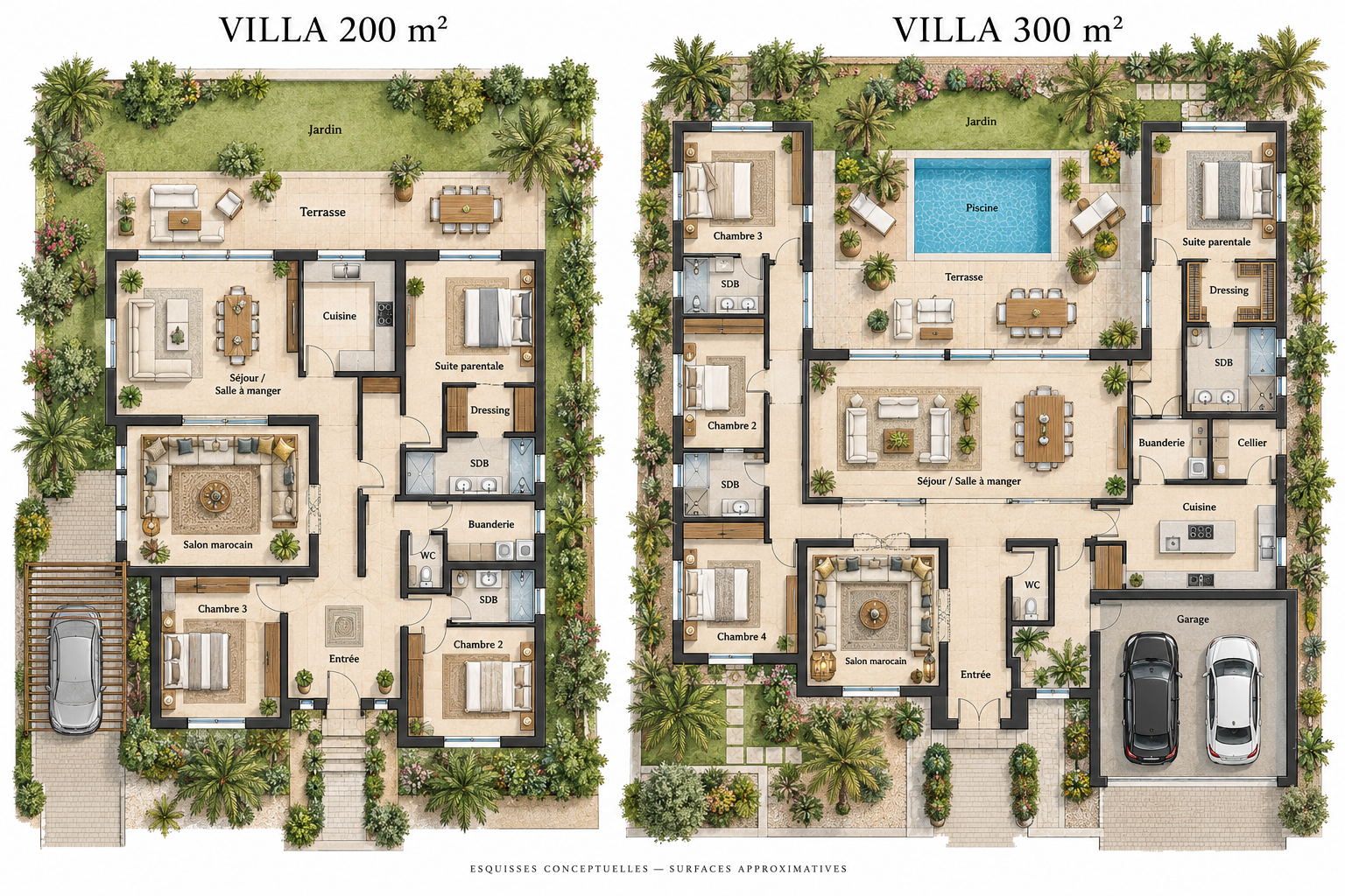 Esquisses conceptuelles des villas Anfal 3 de 200 et 300 m²